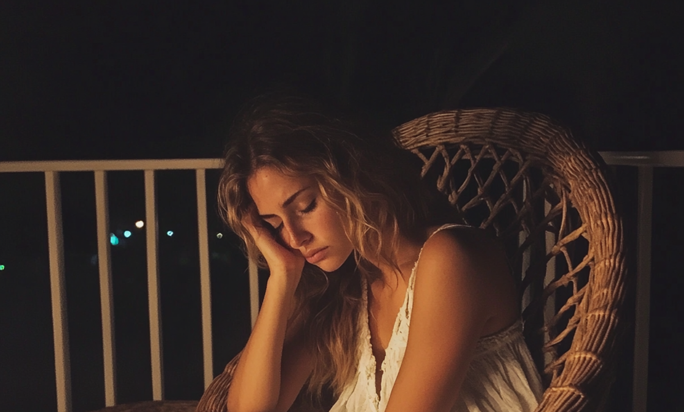 Eine emotionale Frau, die in einem Korbstuhl sitzt | Quelle: Midjourney