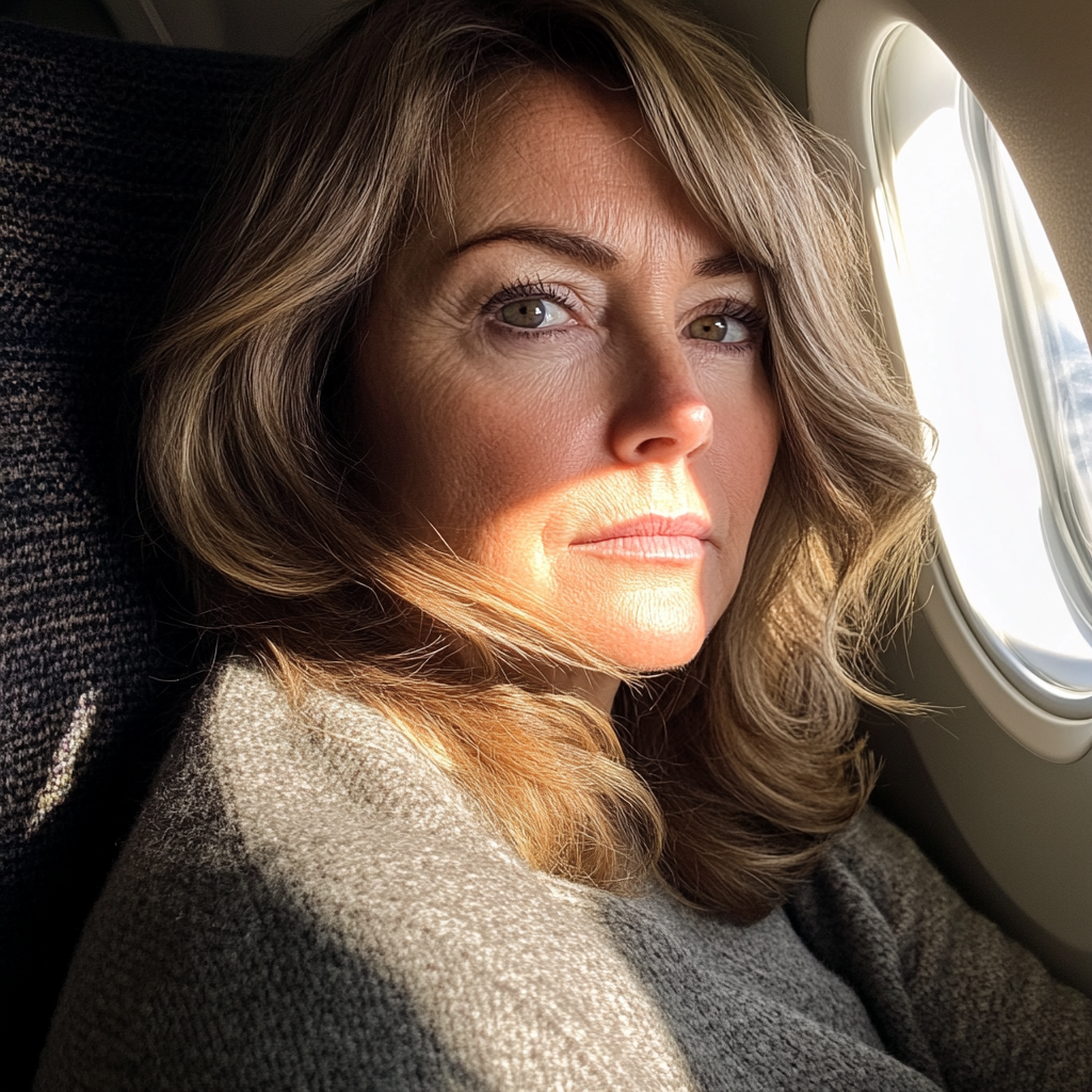 Eine Nahaufnahme einer Frau, die in einem Flugzeug sitzt | Quelle: Midjourney