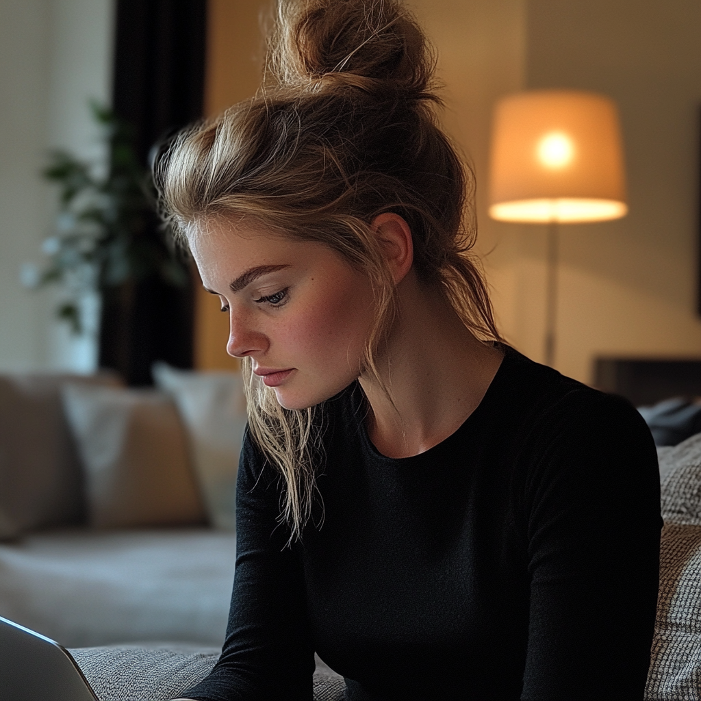 Eine nachdenkliche Frau an ihrem Laptop | Quelle: Midjourney