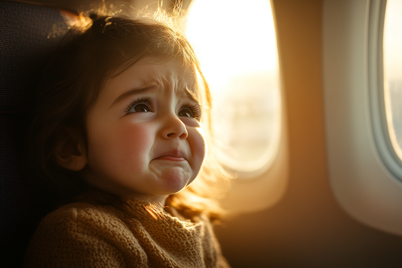 Ein kleines Mädchen weint in einem Flugzeug | Quelle: Midjourney