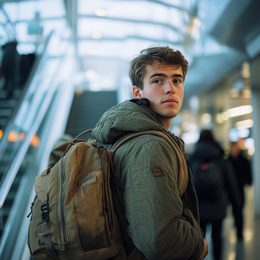 Ein junger Mann trägt sein Gepäck am Flughafen | Quelle: Midjourney