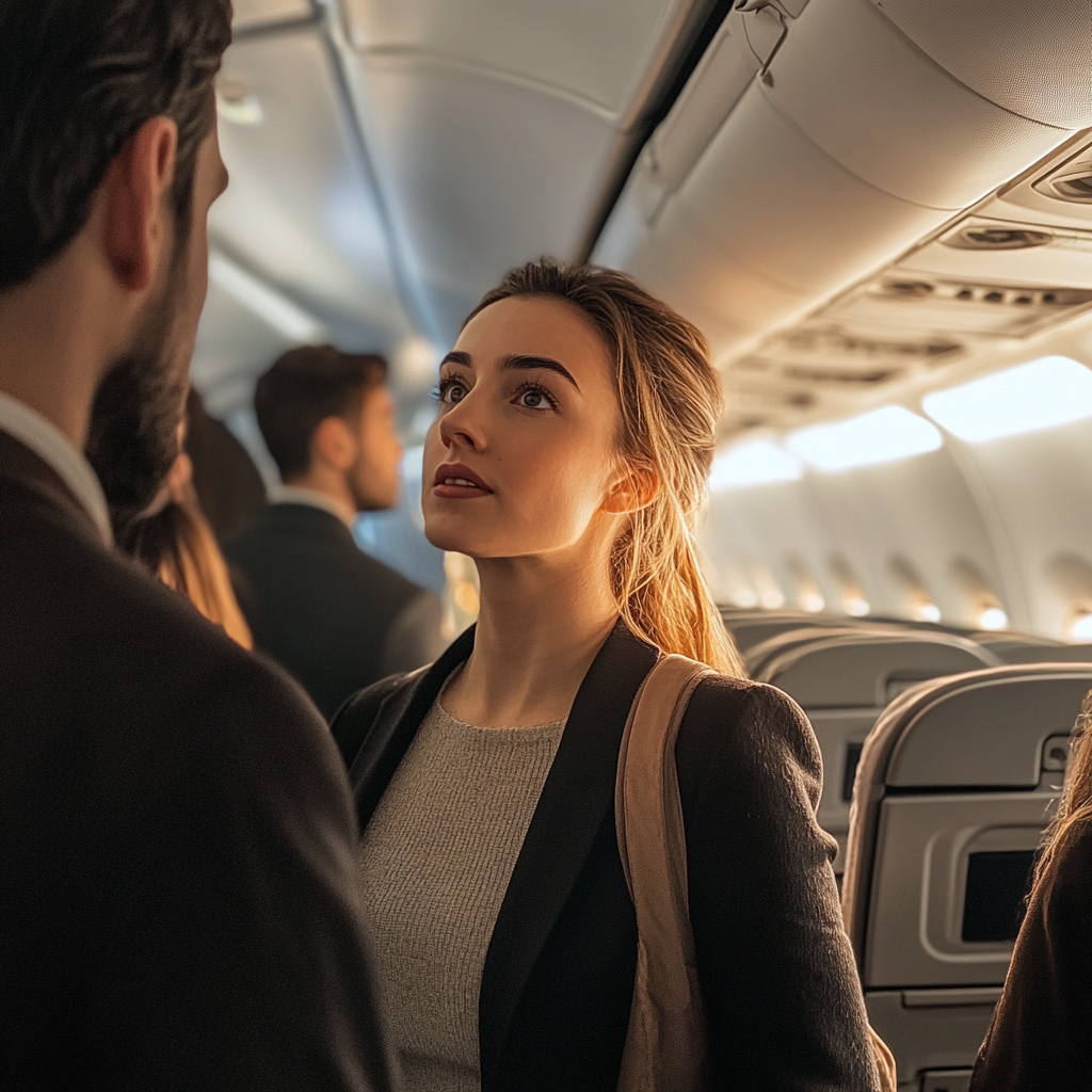 Menschen, die sich in einem Flugzeug unterhalten | Quelle: Midjourney