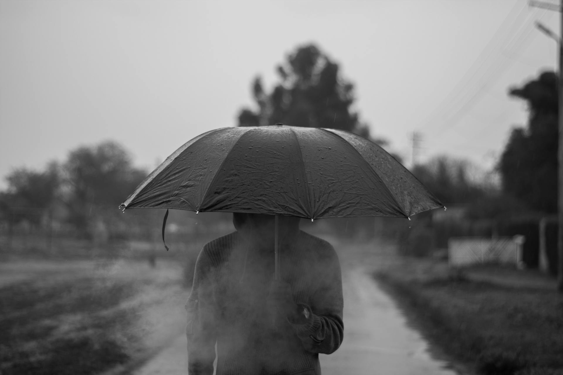 Ein Graustufenfoto von einer Person im Kapuzenpulli, die einen Regenschirm hält | Quelle: Pexels