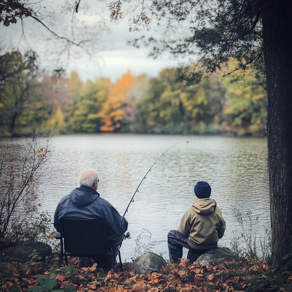 Ein alter Mann und ein kleiner Junge beim Fischen | Quelle: Midjourney