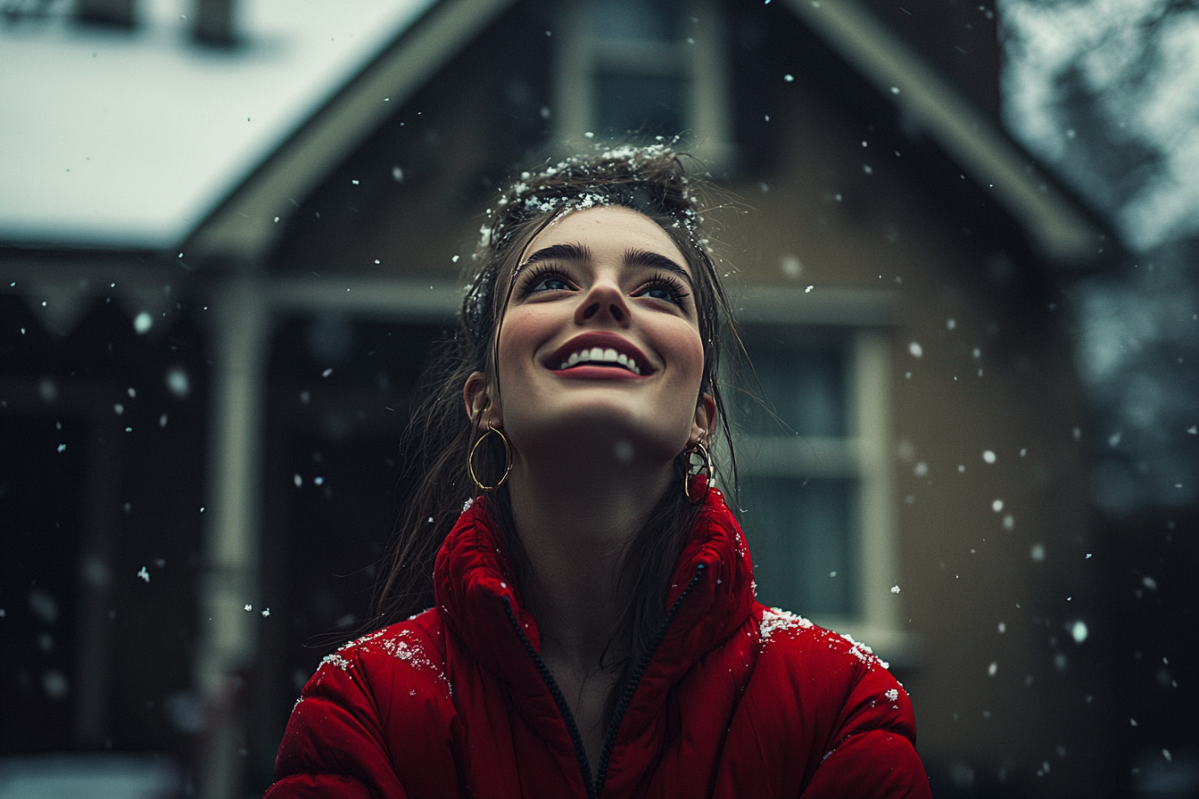 Eine Frau in den 30ern steht breit lächelnd vor einem Haus und beobachtet den Schneefall, während sie eine rote Jacke trägt | Quelle: Midjourney