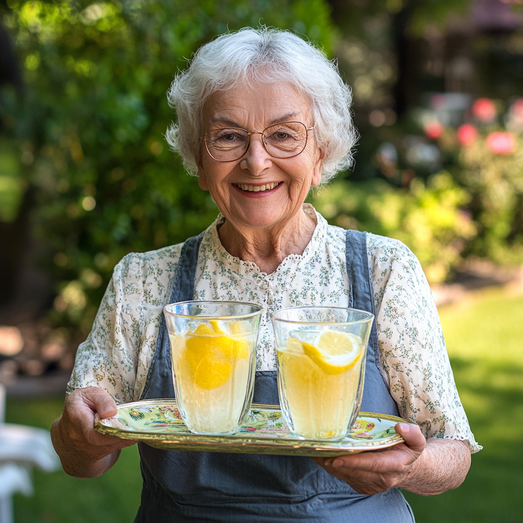 Eine ältere Frau hält ein Tablett mit zwei Gläsern Limonade. | Quelle: Midjourney