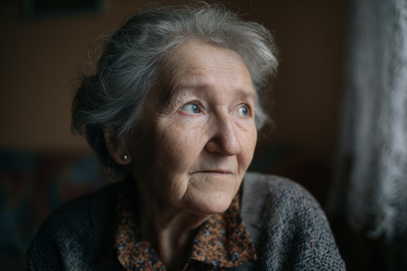 Eine ältere Frau sitzt in ihrem Haus | Quelle: Midjourney