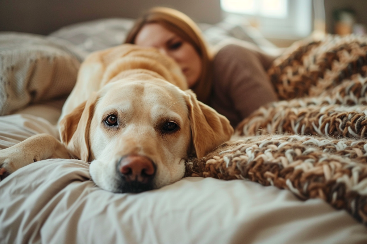 Ein Hund, der mit einer kranken Frau auf dem Bett liegt | Quelle: Midjourney