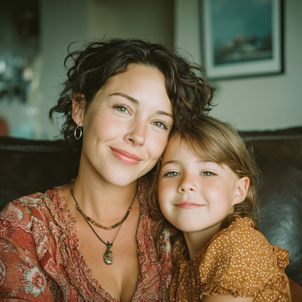 Ein glückliches kleines Mädchen, das sich an eine Frau lehnt | Quelle: Midjourney