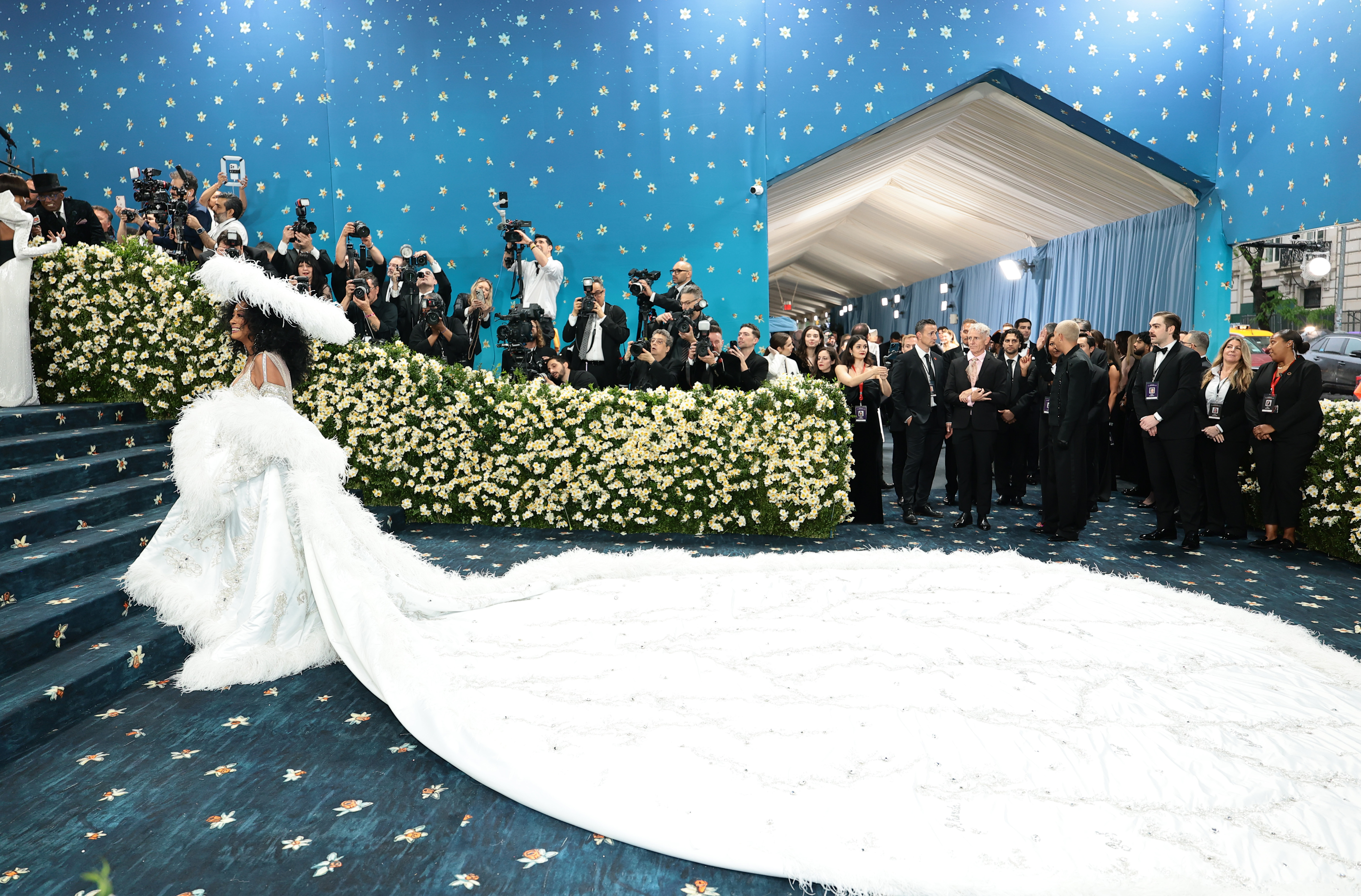 Ross steht in ihrer ganzen Pracht, mit dem Rücken zum Eingang der Met Gala, und genießt den Moment. Fotografen säumen die Seiten und fangen jeden Winkel ein, während die Zuschauer hinter ihr innehalten müssen, manche mitten im Schritt, völlig fasziniert von ihrer Anwesenheit und einfach nur staunend.