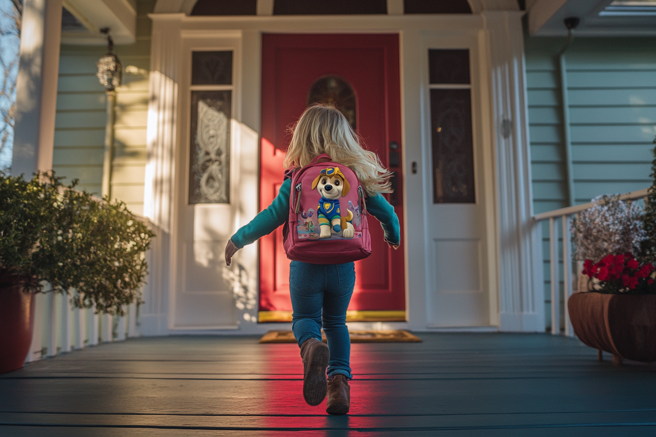 Blondes kleines Mädchen läuft zur Haustür eines Hauses | Quelle: Midjourney