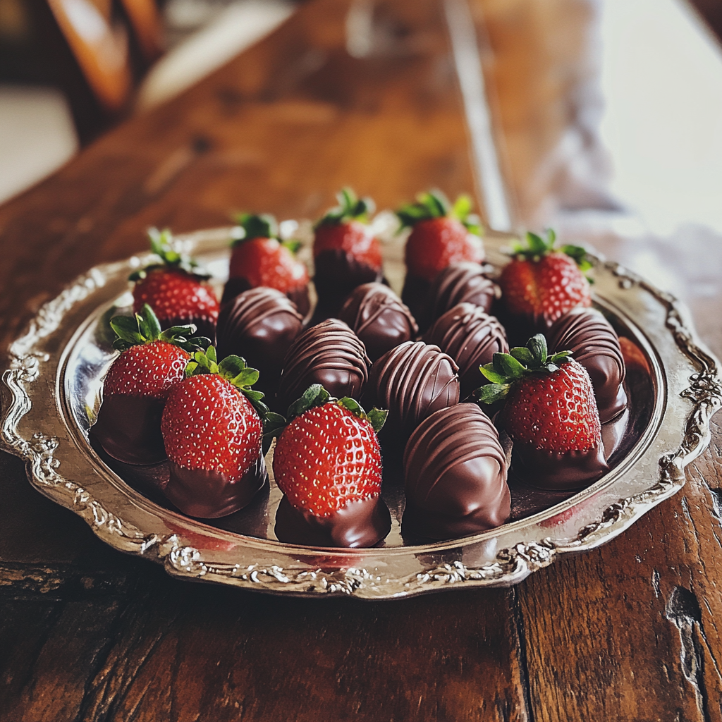 Ein Tablett mit schokoladenüberzogenen Erdbeeren | Quelle: Midjourney