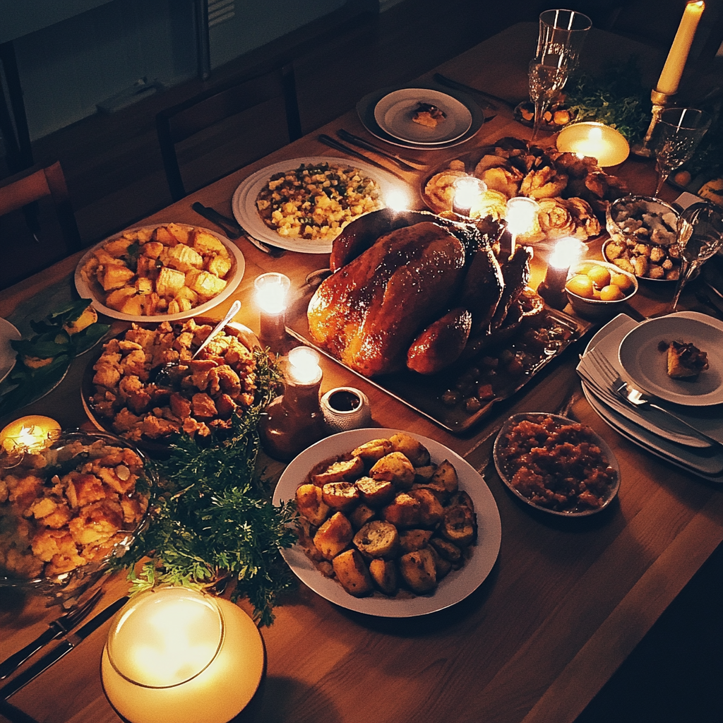 Ein Thanksgiving-Essen auf einem Tisch | Quelle: Midjourney