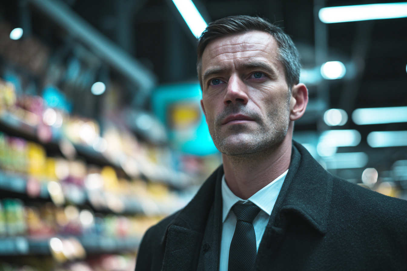 Mężczyzna stojący w supermarkecie | Źródło: Midjourney