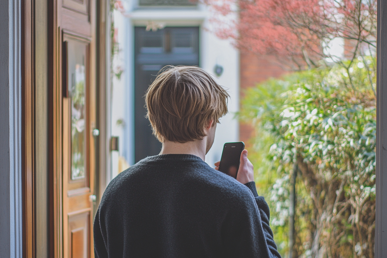 Ein Mann verlässt ein Haus, während er eine Nummer auf seinem Telefon wählt | Quelle: Midjourney