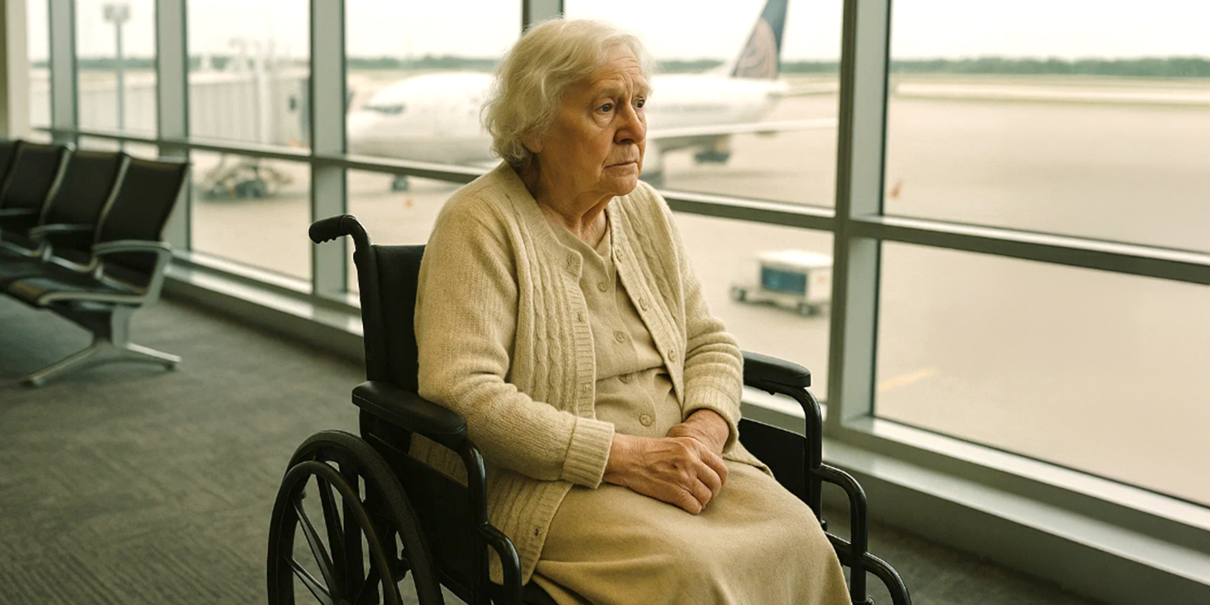 Eine ältere Frau, die allein in einem Rollstuhl am Flughafen wartet | Quelle: The Celebritist