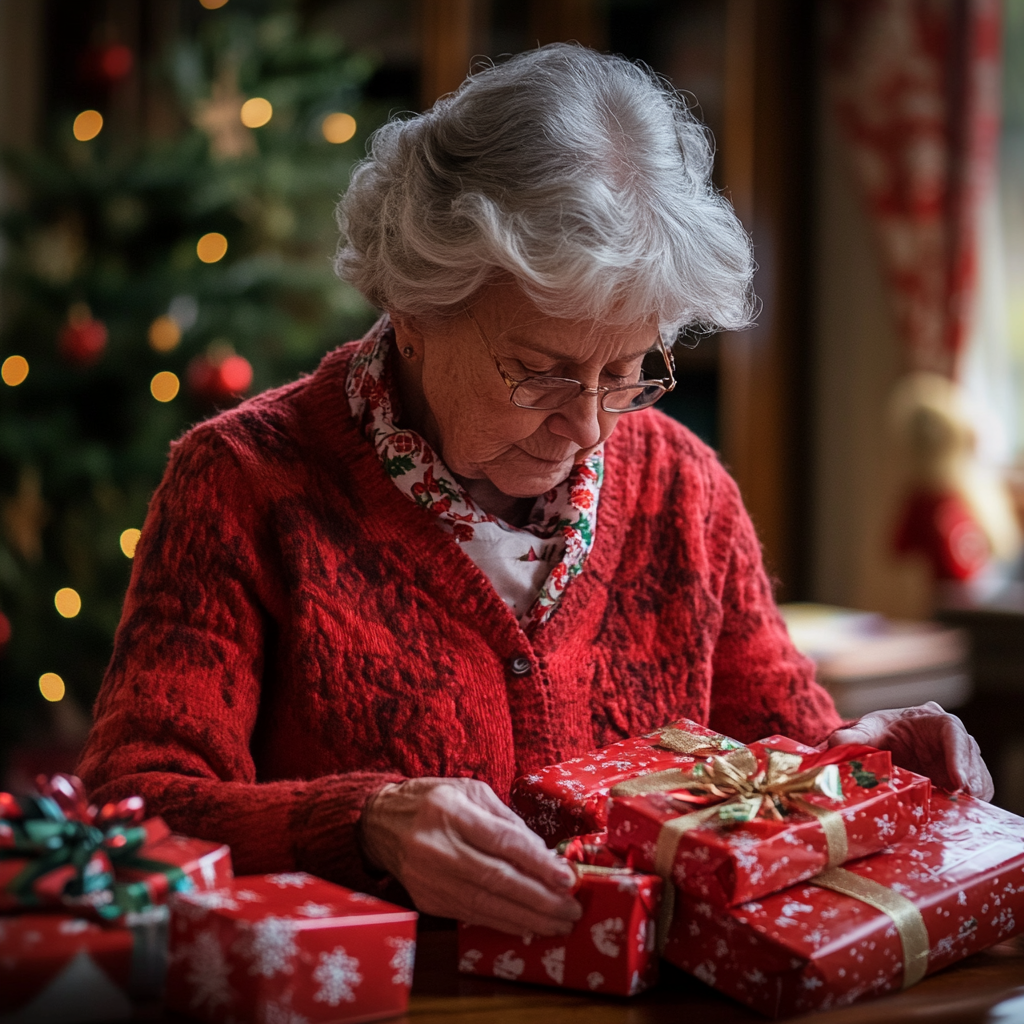 Eine ältere Frau packt Weihnachtsgeschenke ein | Quelle: Midjourney