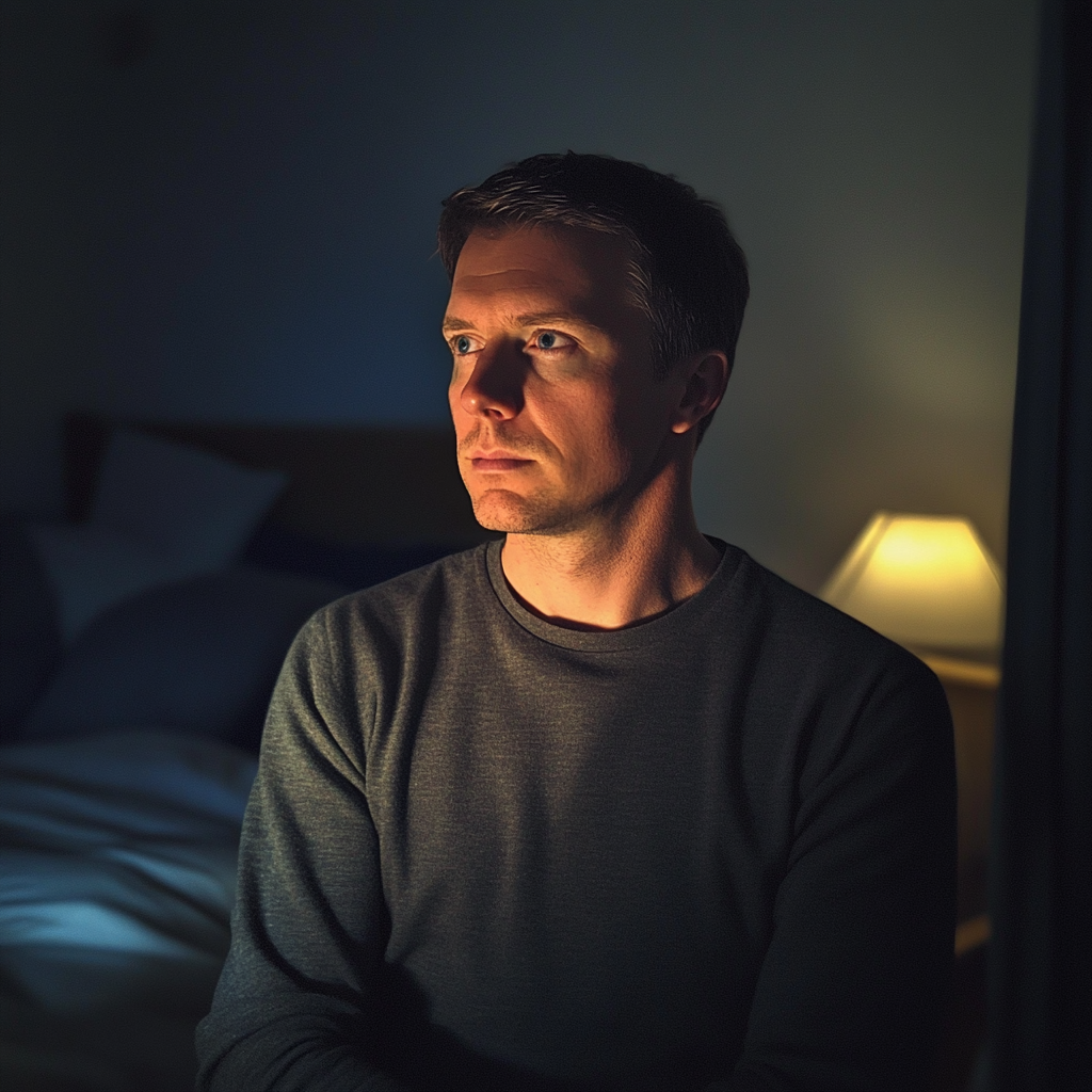 Ein Mann steht in einem Schlafzimmer | Quelle: Midjourney