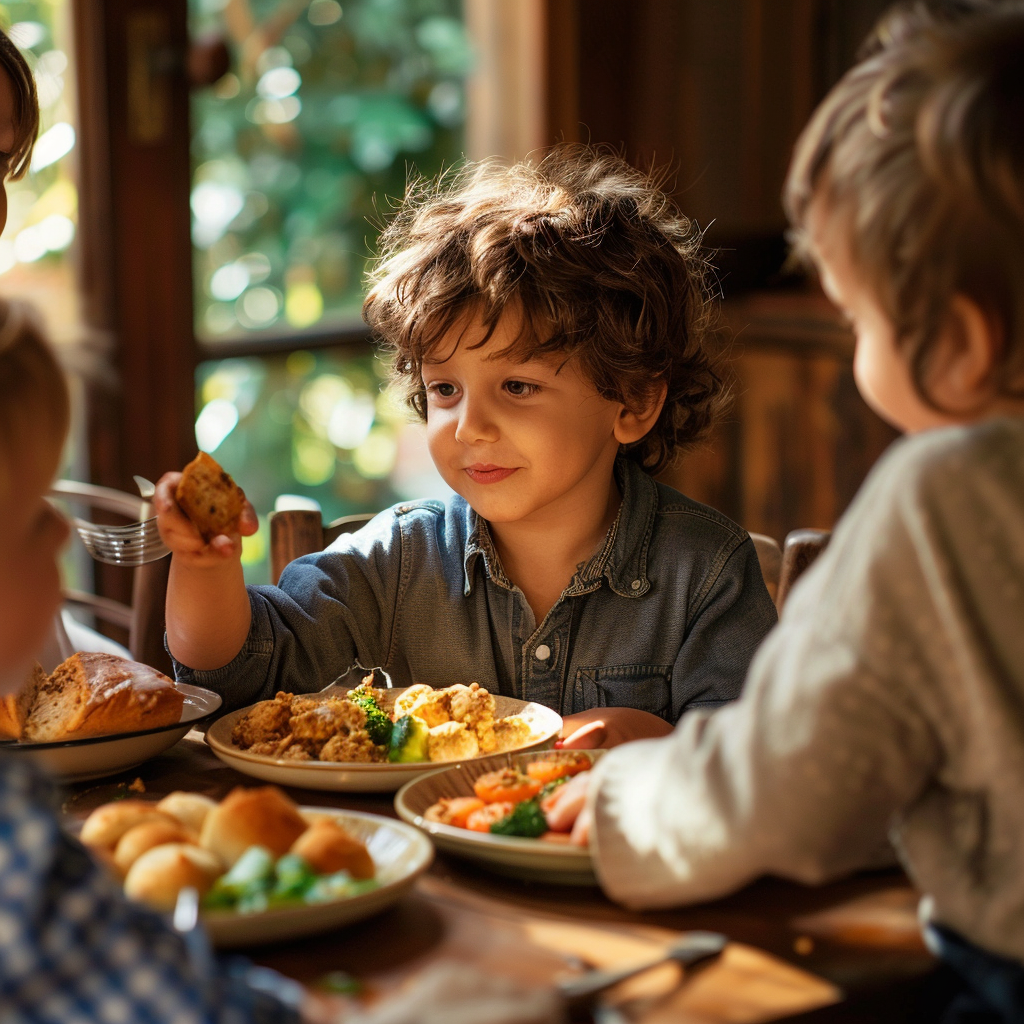 Junge teilt Essen mit seinen Geschwistern | Quelle: Midjourney