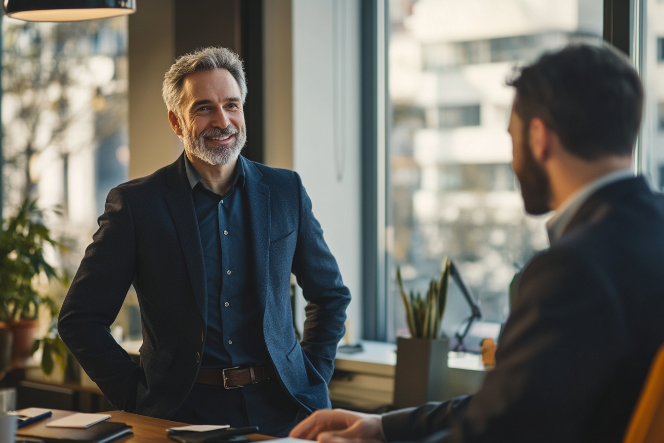 Zwei Männer sprechen in einem Büro | Quelle: Midjourney