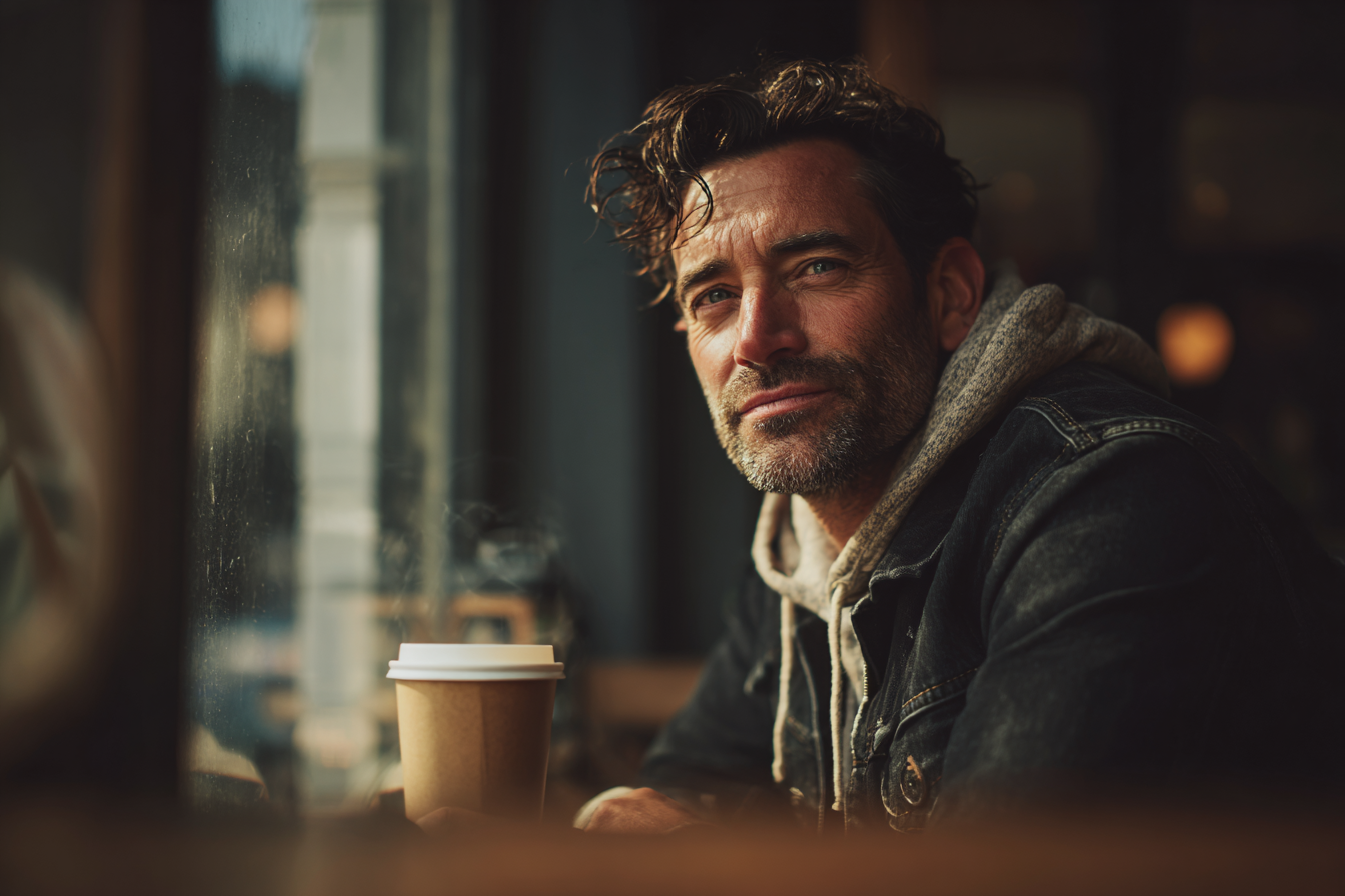 Ein Mann sitzt in einem Coffee Shop | Quelle: Midjourney