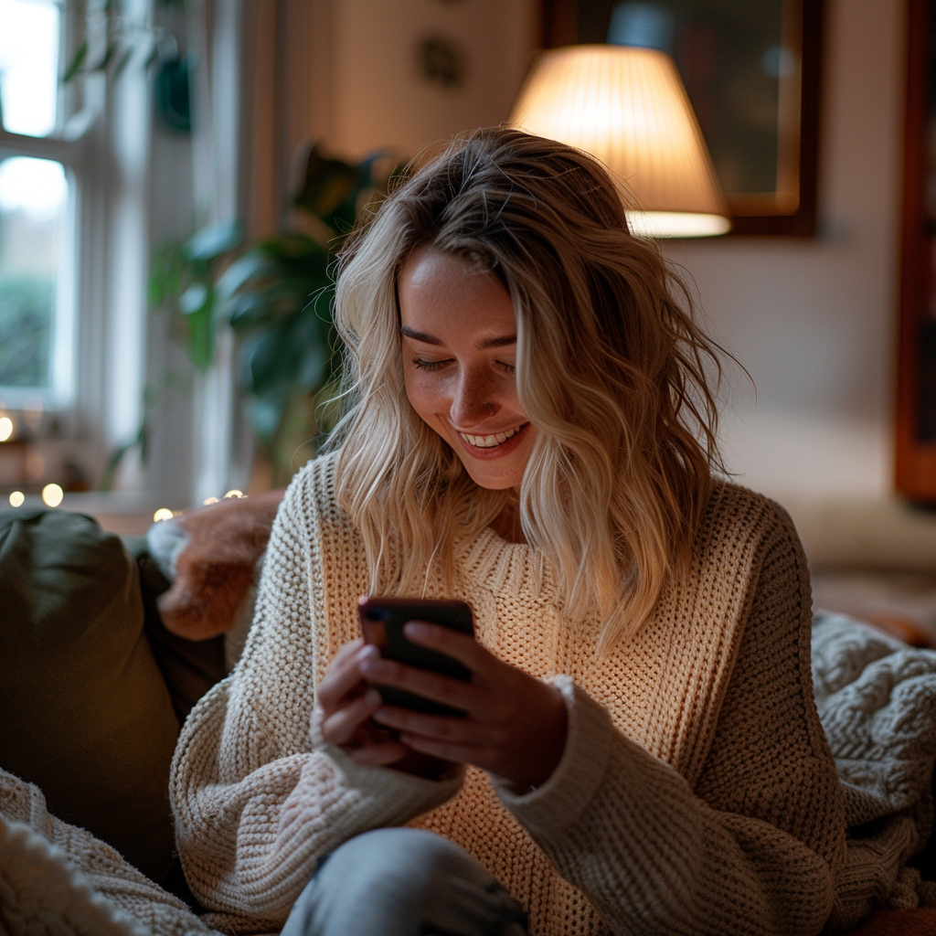 Eine junge Frau lächelt, während sie ihr Telefon benutzt | Quelle: Midjourney