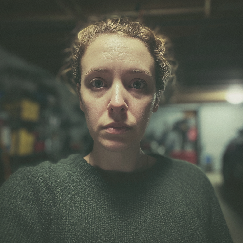 Eine geschockte Frau, die in einer Garage steht | Quelle: Midjourney