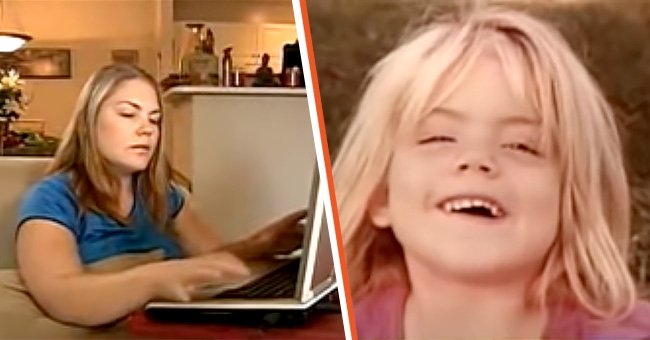April Becker Antoniou sucht auf ihrem Laptop online nach ihrem Vater [Links]; Ein Foto von April Becker Antoniou, als sie noch ein Kind war. [Rechts] | Quelle: Youtube.com/BECKERBROADCAST