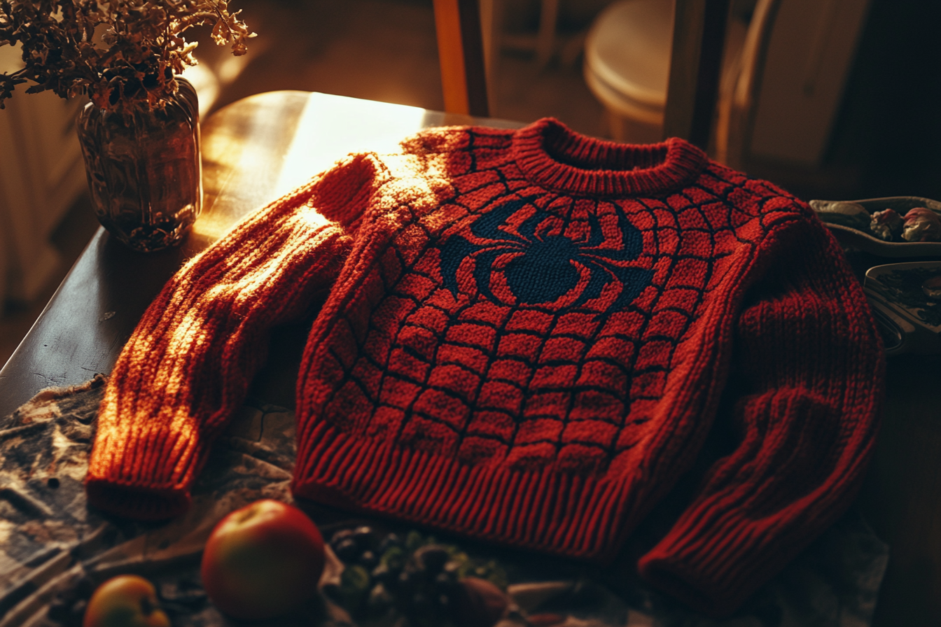 Ein Strickstück mit Spiderman-Motiven auf einem Tisch | Quelle: Midjourney