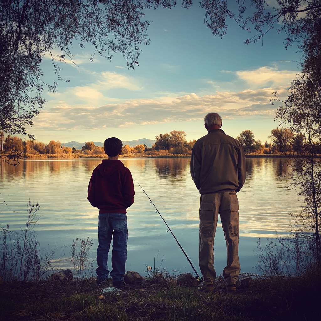 Ein alter Mann und ein kleiner Junge, die sich beim Fischen treffen | Quelle: Midjourney