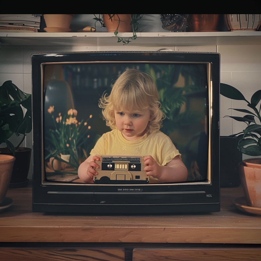 Ein Fernsehbildschirm, auf dem ein kleines Mädchen mit einer VHS-Kassette spielt | Quelle: Midjourney