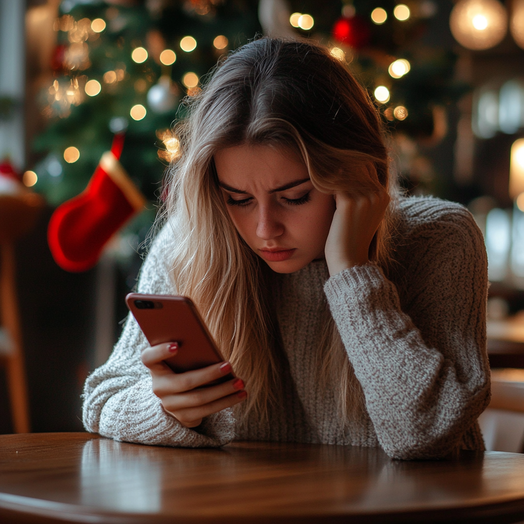 Eine nervöse Frau schaut auf ihr Telefon | Quelle: Midjourney