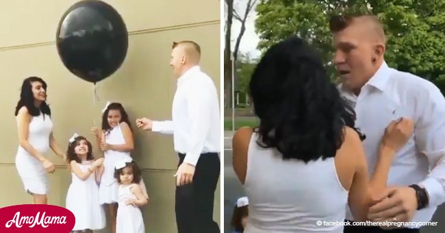 Ein Vater von drei Mädchen wartete auf das vierte Baby. Er zersticht einen Ballon und springt vor Freude hoch