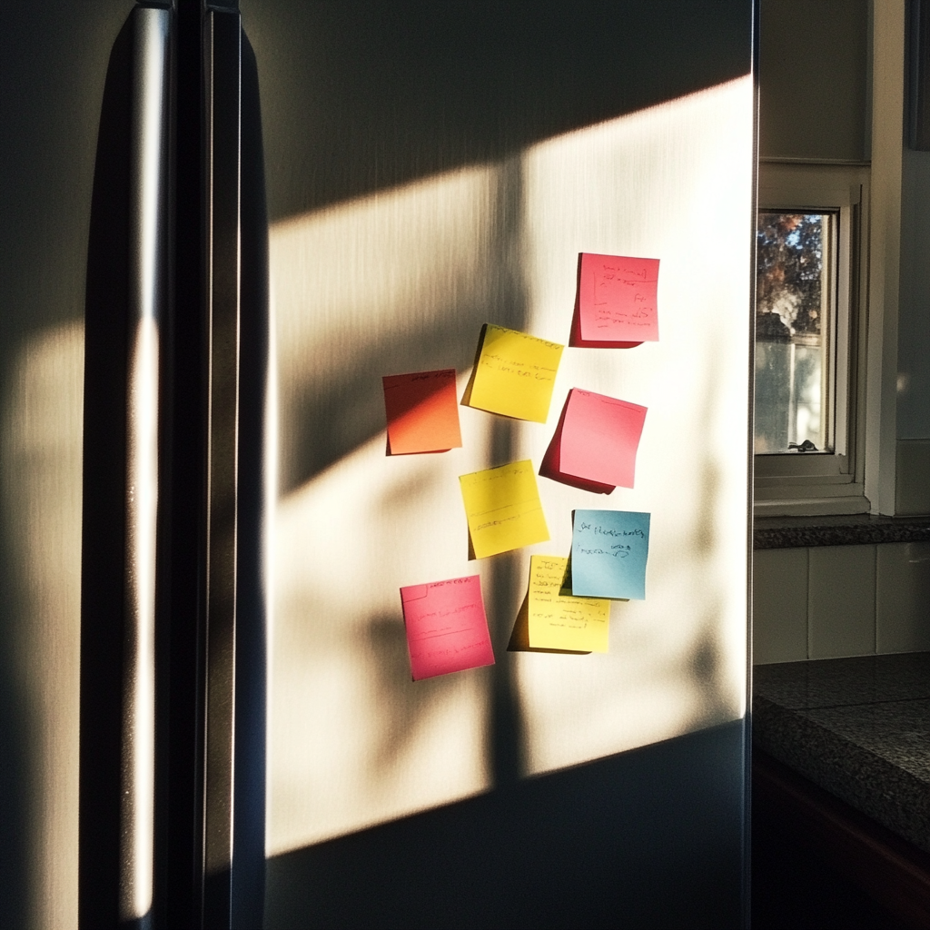 Post-its auf einem Kühlschrank | Quelle: Midjourney