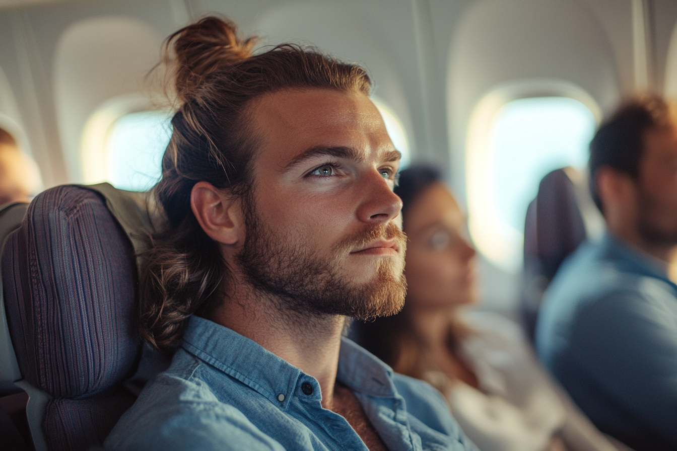 Ein Mann sitzt nachdenklich in einem Flugzeug | Quelle: Midjourney