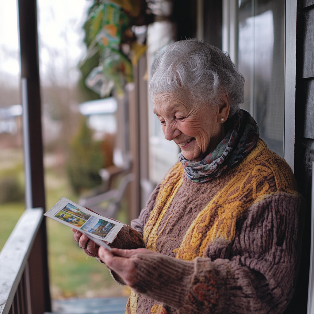 Eine glückliche Frau mit einer Postkarte | Quelle: Midjourney