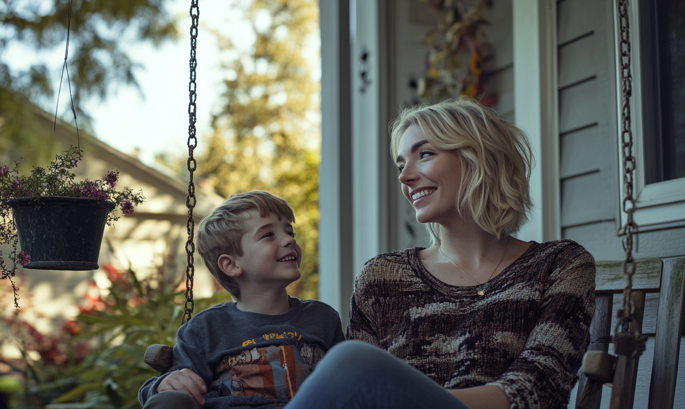 Eine Mutter und ihr Sohn auf einer Veranda-Schaukel | Quelle: Midjourney