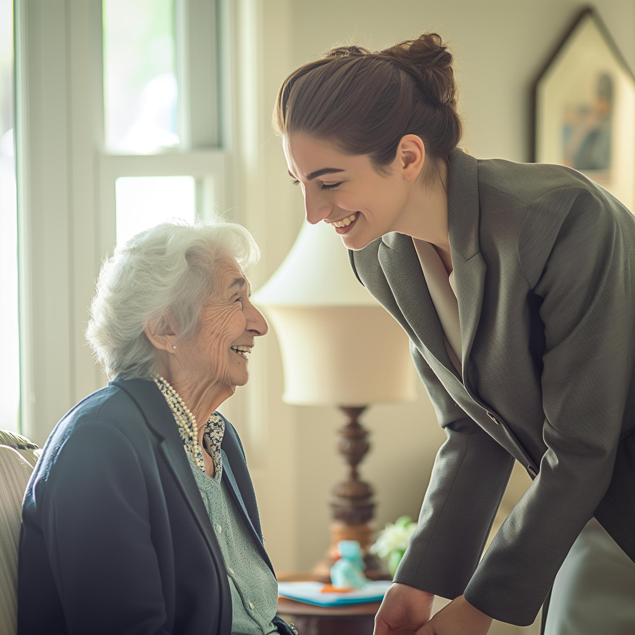 Eine elegant gekleidete Frau im Gespräch mit einer älteren Dame in einem Pflegeheimzimmer | Quelle: Midjourney