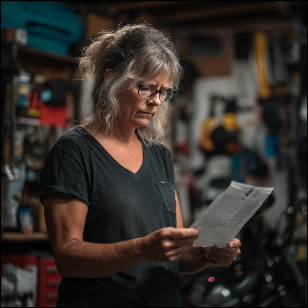 Eine Frau liest eine Zeitung in einer Garage | Quelle: Midjourney