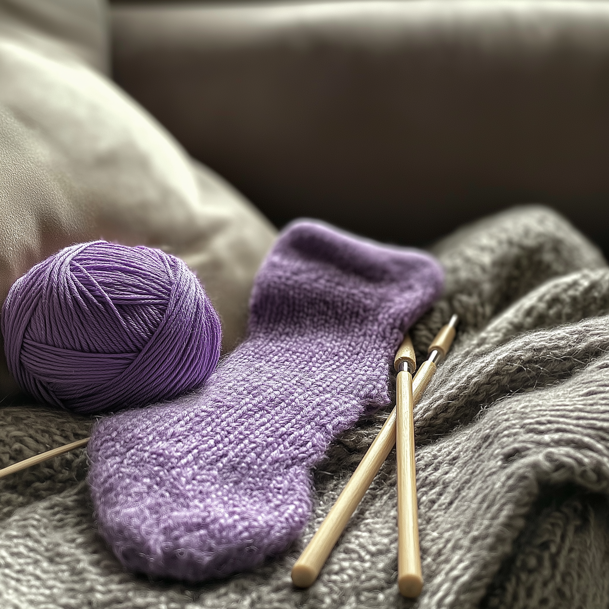 Eine Lavendelsocke und Stricknadeln | Quelle: Midjourney