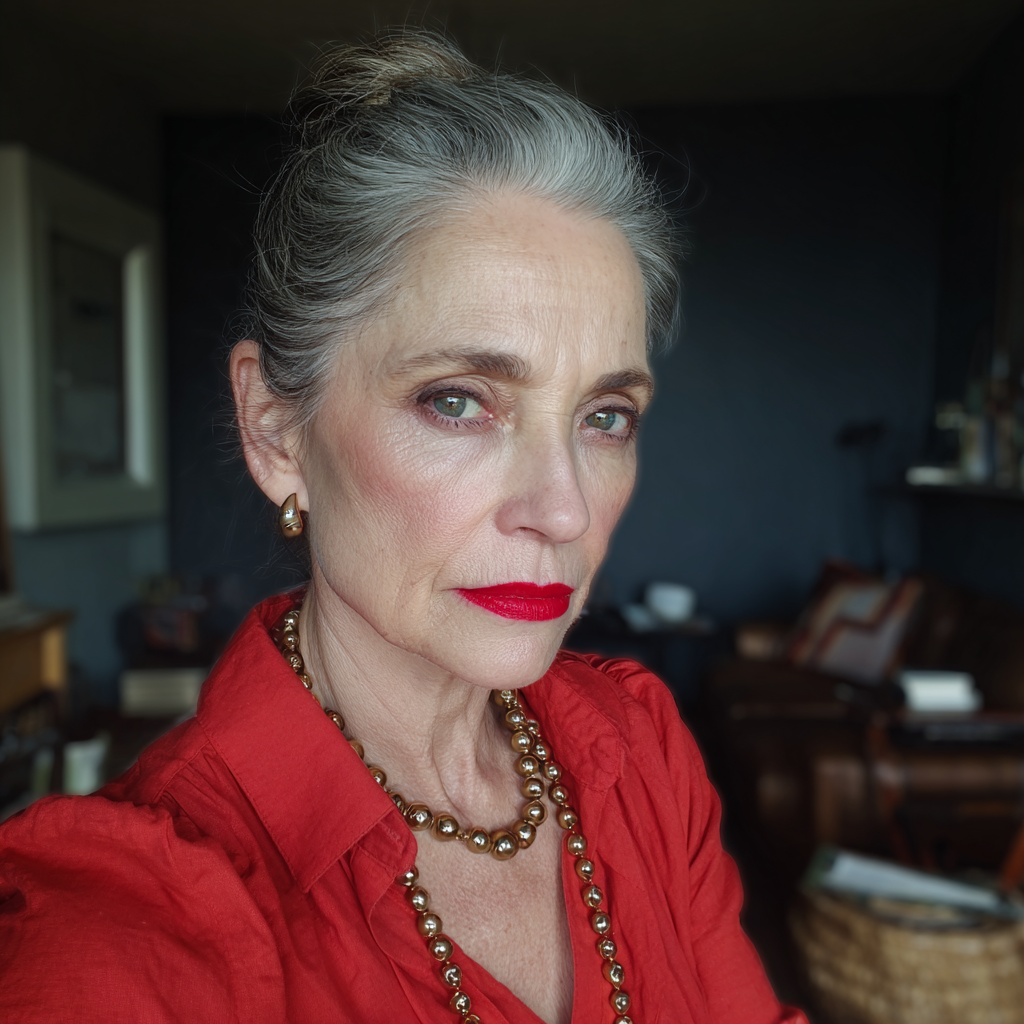 Eine ältere Frau sitzt in einem Wohnzimmer | Quelle: Midjourney