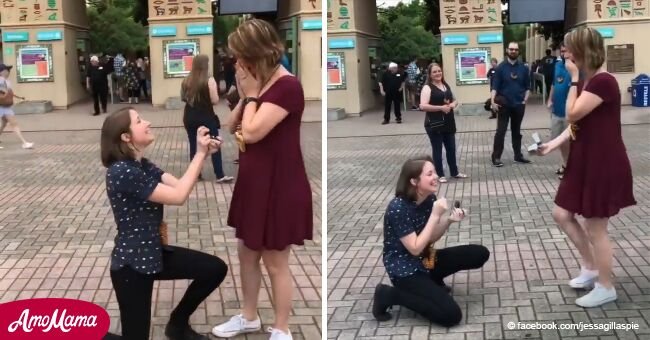 Ein lesbisches Paar macht sich gegenseitig gleichzeitig einen Hochzeitsantrag und teilt das niedliche Video