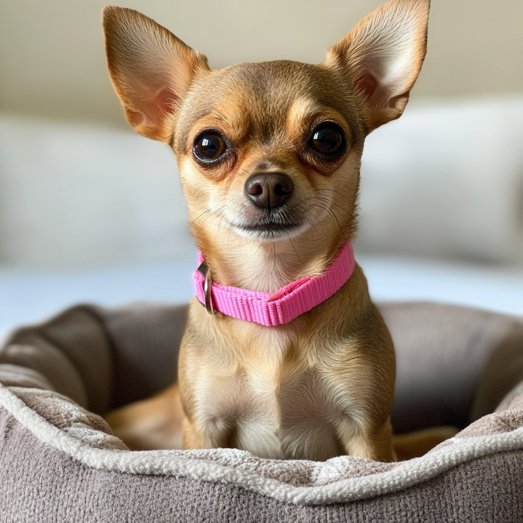 Ein Chihuahua sitzt auf einem Bett für Haustiere | Quelle: Midjourney