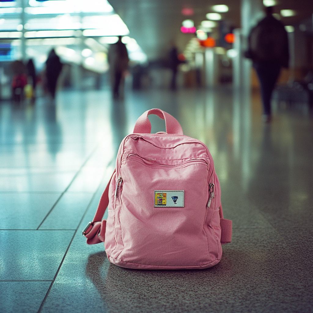 Ein rosa Rucksack auf dem Boden am Flughafen | Quelle: Midjourney