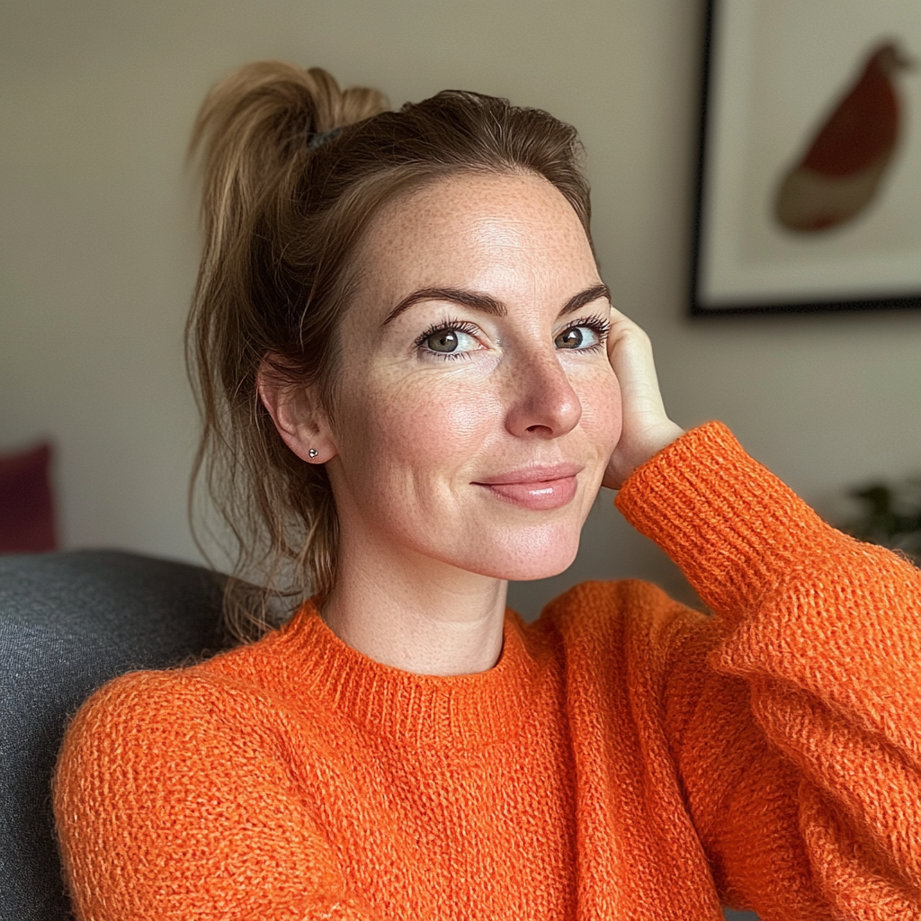 Eine amüsierte Frau, die auf einer Couch sitzt | Quelle: Midjourney
