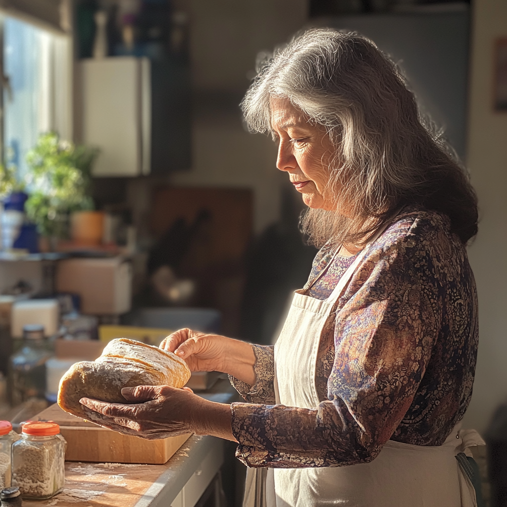 Eine Frau hält einen Laib Brot in der Hand | Quelle: Midjourney