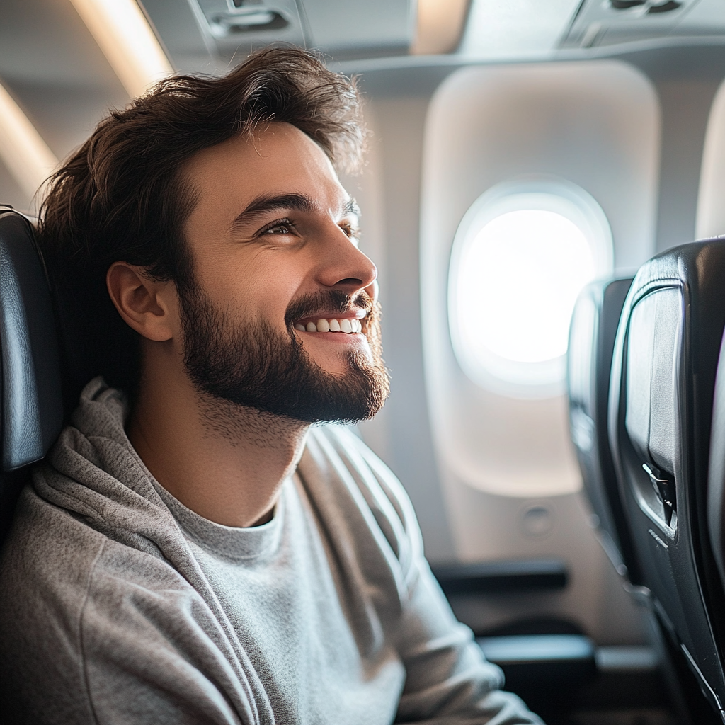 Ein Mann in einem Flugzeug, der jemanden anlächelt | Quelle: Midjourney