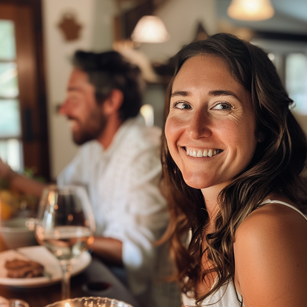 Eine Frau lächelt beim Abendessen mit einem lächelnden Mann im Hintergrund | Quelle: Midjourney