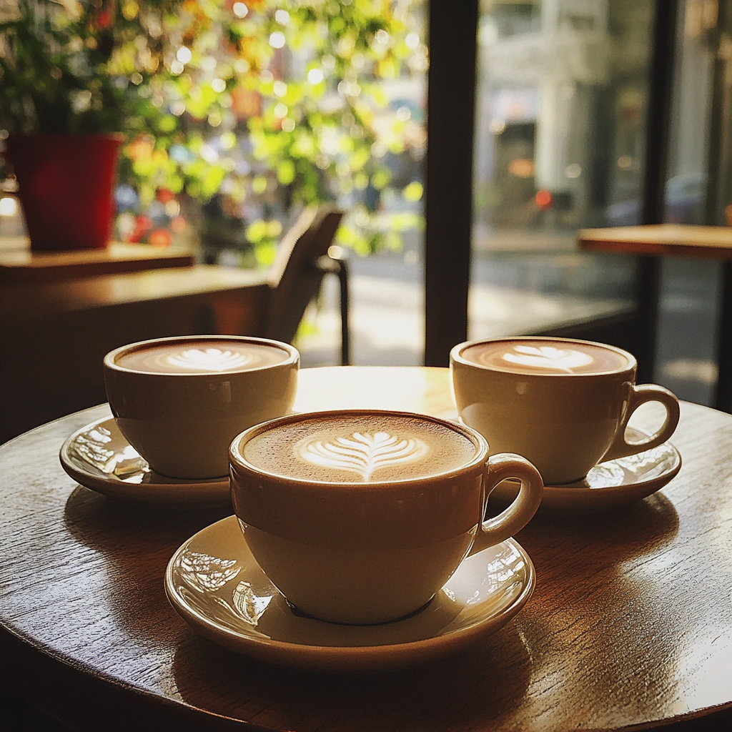 Drei Tassen Kaffee auf einem Tisch | Quelle: Midjourney