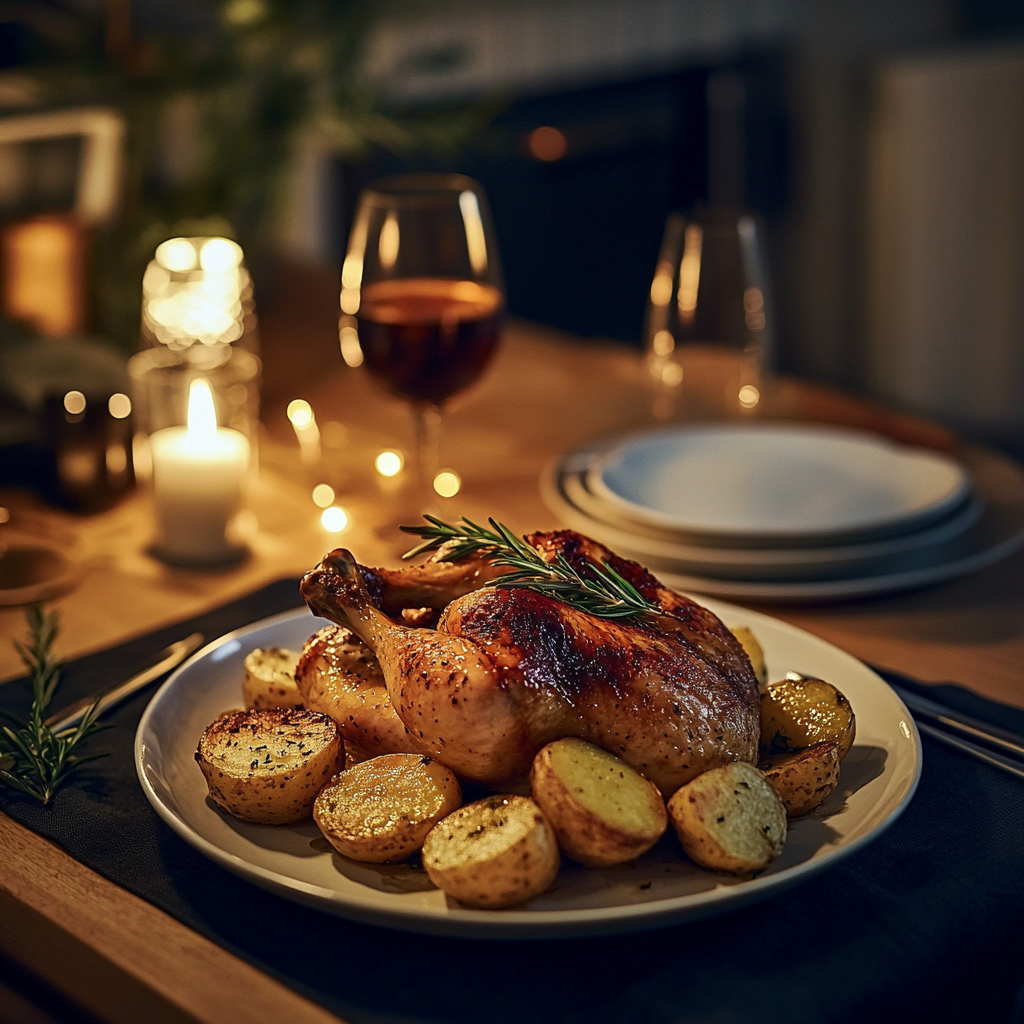 Ein Foto zeigt gebratenes Huhn mit Rosmarinkartoffeln zum Abendessen | Quelle: Midjourney